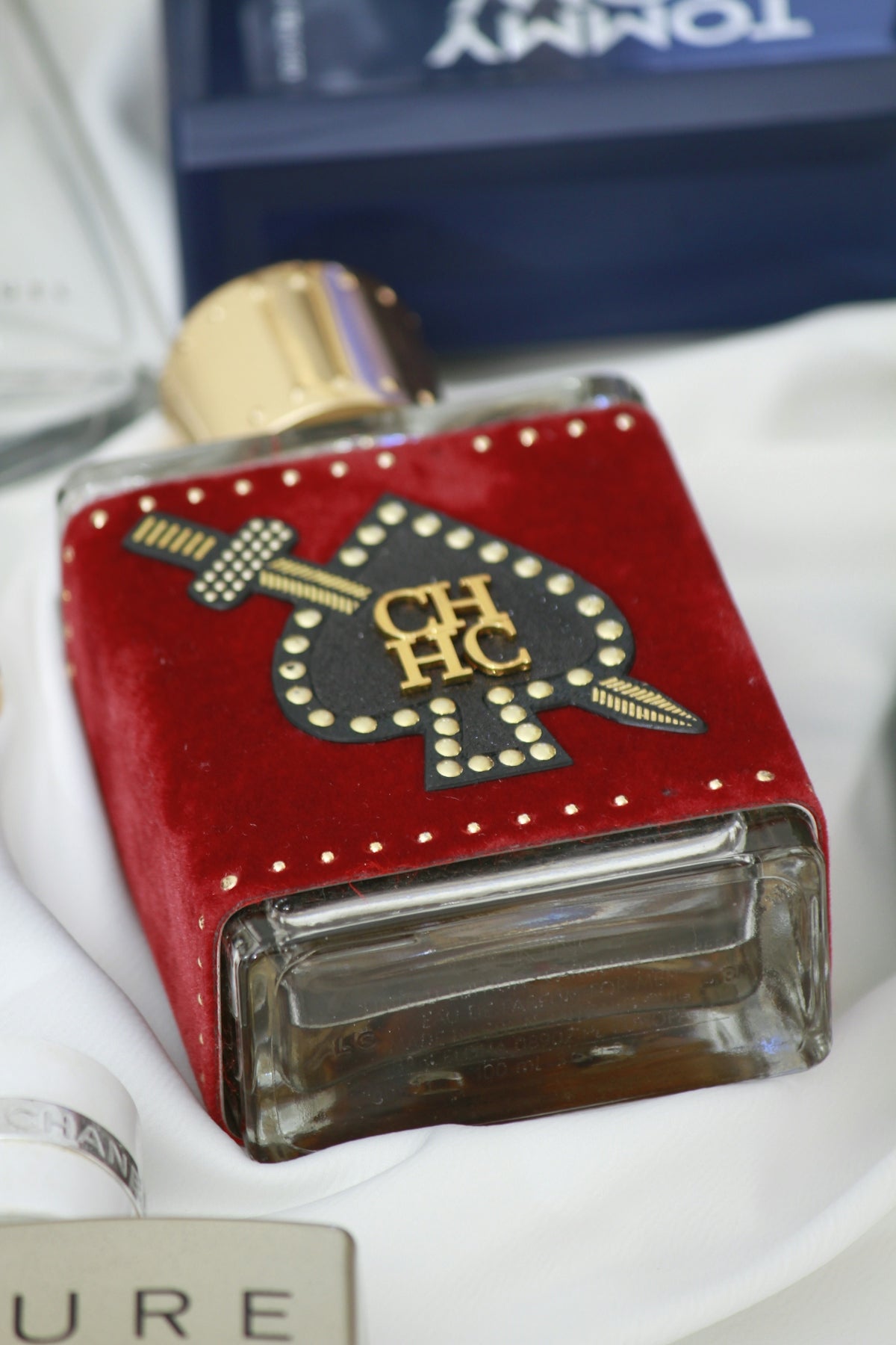 a red box with a black and gold design on it